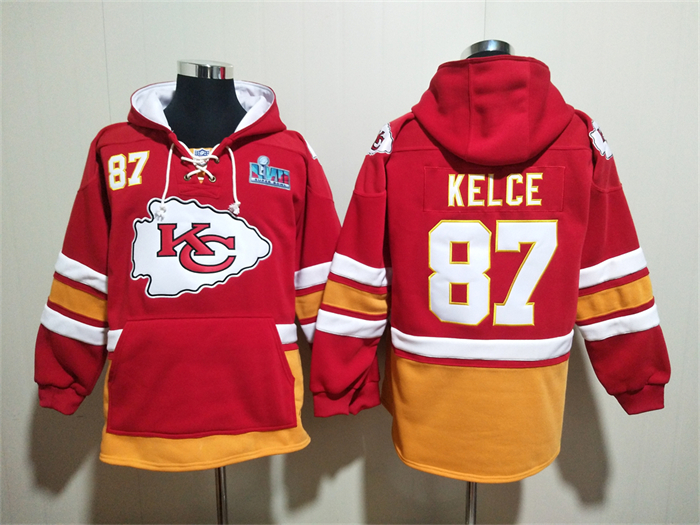 Kansas City Chiefs #87 Travis Kelce Super Bowl LVIII Patch Hoodies Red Lace-Up Pullover Hoodie